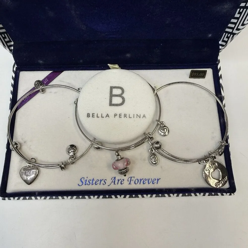 Bella Perlina SISTERS ARE FOREVER 3 Piece Silver Tone Bangle Bracelet Set New